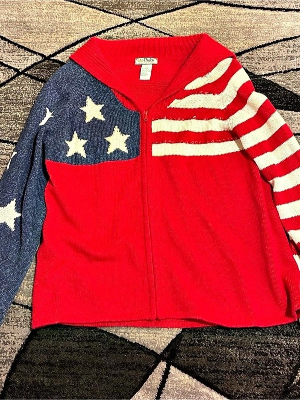 Tiara International American Flag Sequin Zip-Up Cardigan Medium